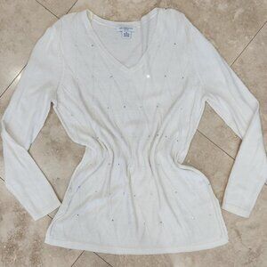 Liz Claiborne Sz L Pettie White Cotton Blend Pullover Diamond Sweater Women Top
